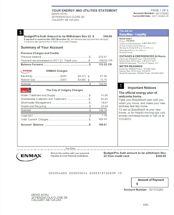 CANADA ENMAX utility bill Word and PDF template